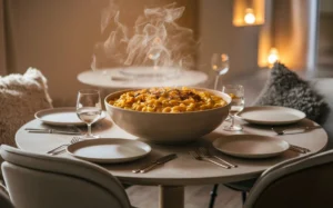 Cozy home dinner setting with a large bowl of mac and cheese, soft lighting, and elegant decor.