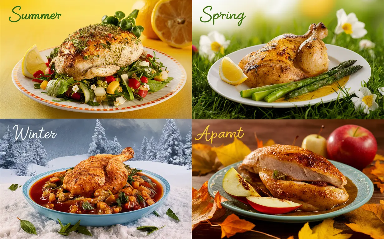 A collage showing seasonal German chicken dishes: summer salad, spring grilled chicken, winter goulash, and autumn chicken with apples.