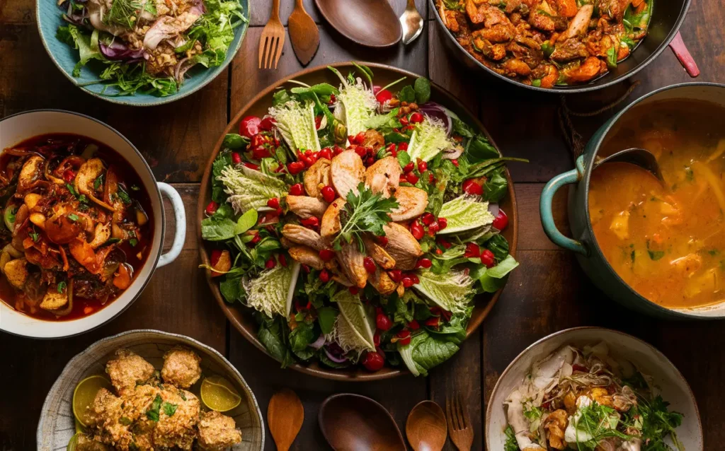 Assorted chicken cabbage dishes on a rustic table, showcasing variety