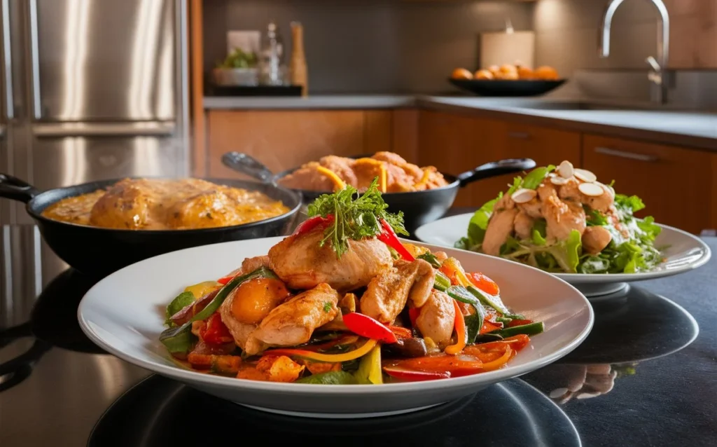 Dynamic stir fry cooking with chopped chicken and colorful vegetables in a wok