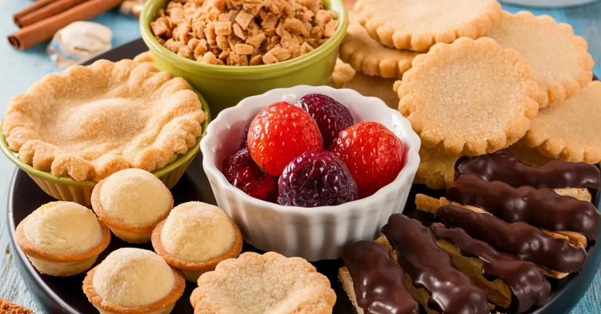 Quick desserts made with pie crust, including cookies, fruit bites, and chocolate-dipped strips.