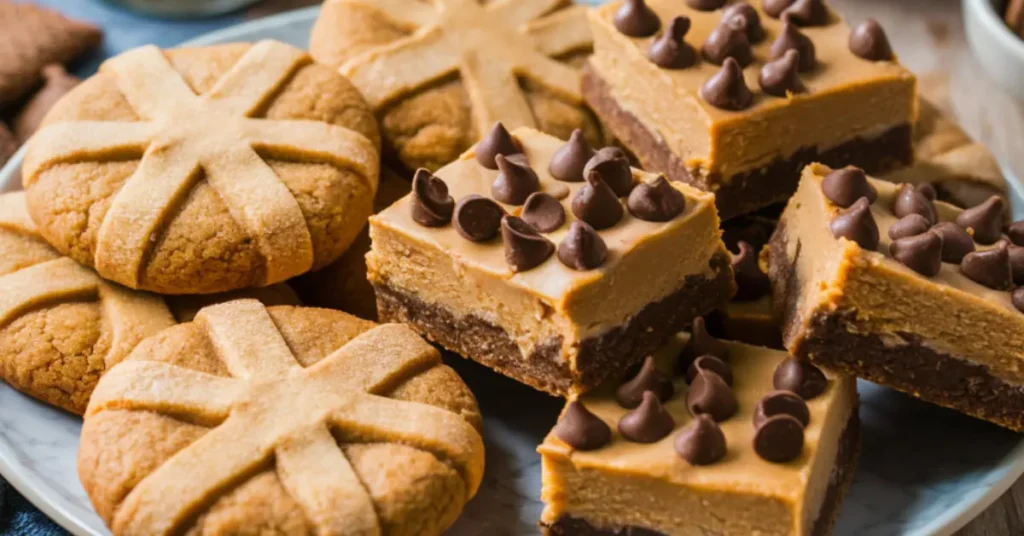 Assortment of quick peanut butter desserts including cookies and no-bake bars with a glass of milk in a cozy kitchen setting