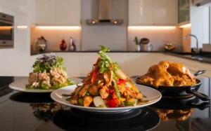 Assorted chopped chicken dishes on a modern kitchen counter