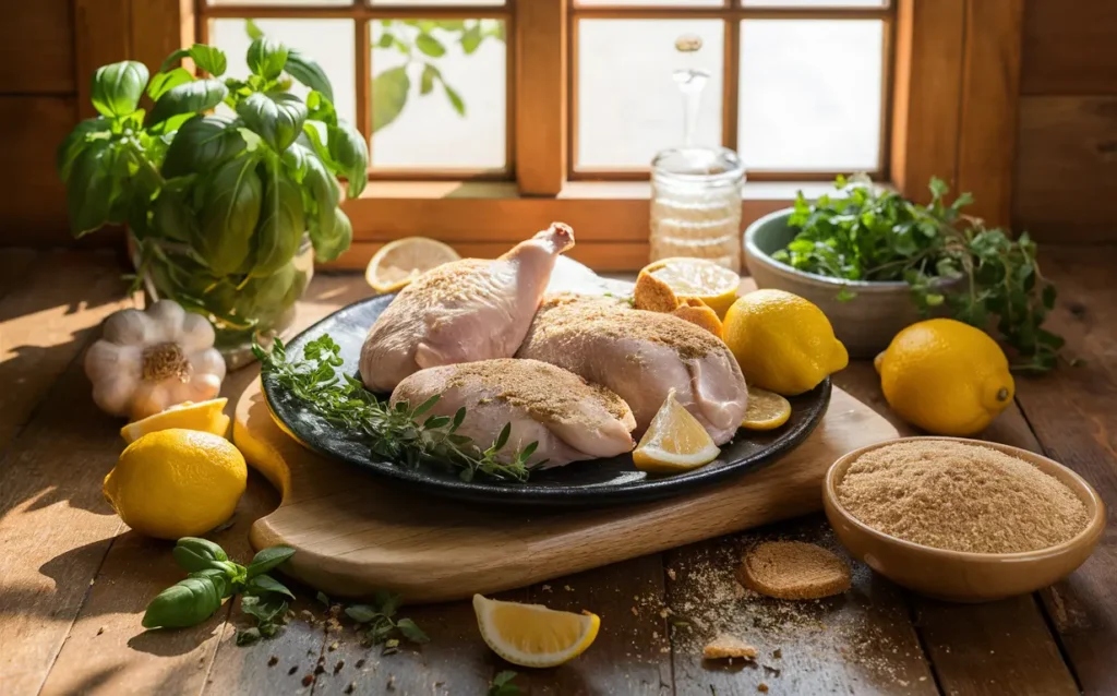 Fresh chicken, herbs, garlic, and breadcrumbs on a wooden table, ready for cooking.