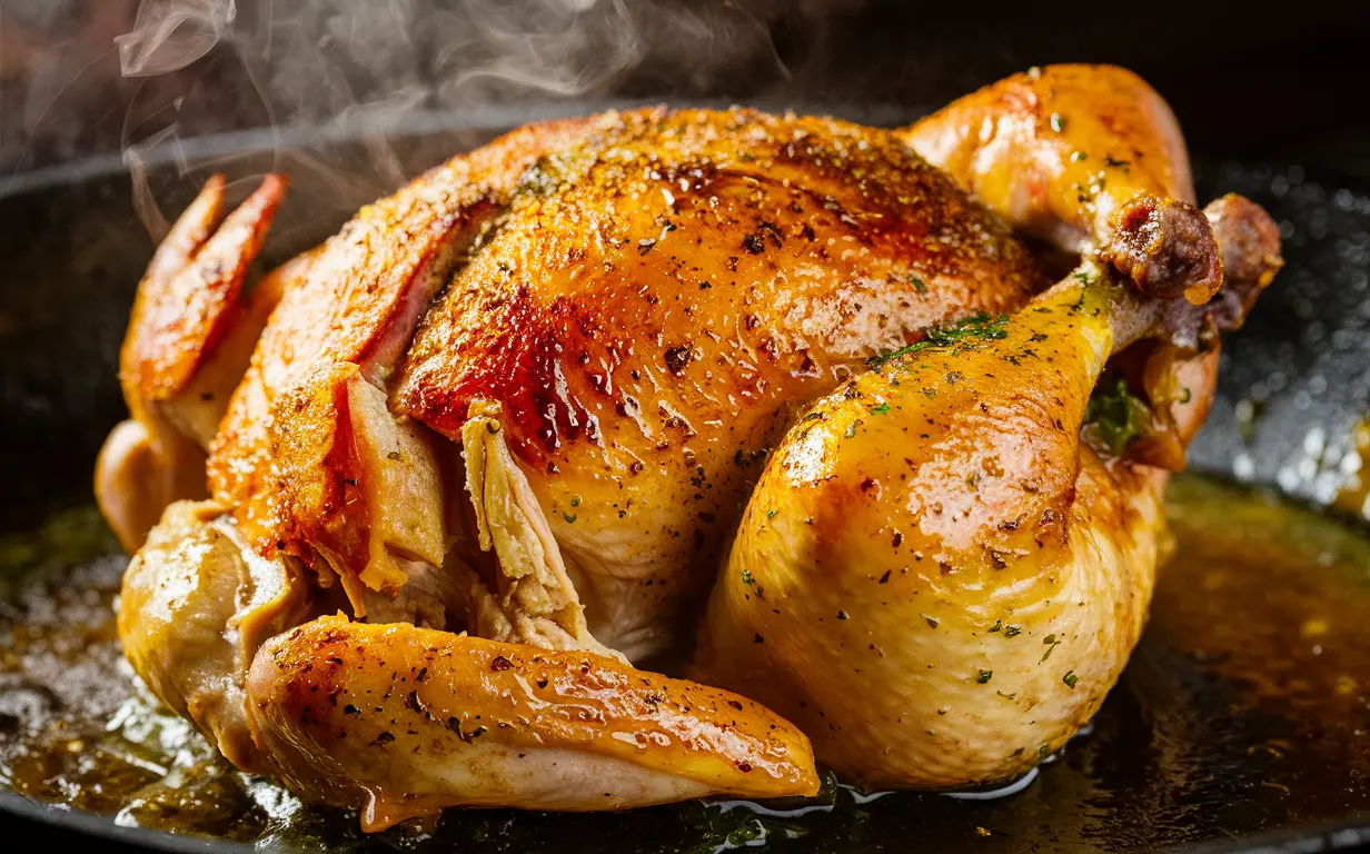 Cook slicing broiled chicken in a modern kitchen.