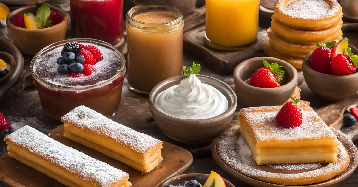 A selection of quick and easy Mexican desserts including churros, flan, and tres leches cake on a rustic wooden table.