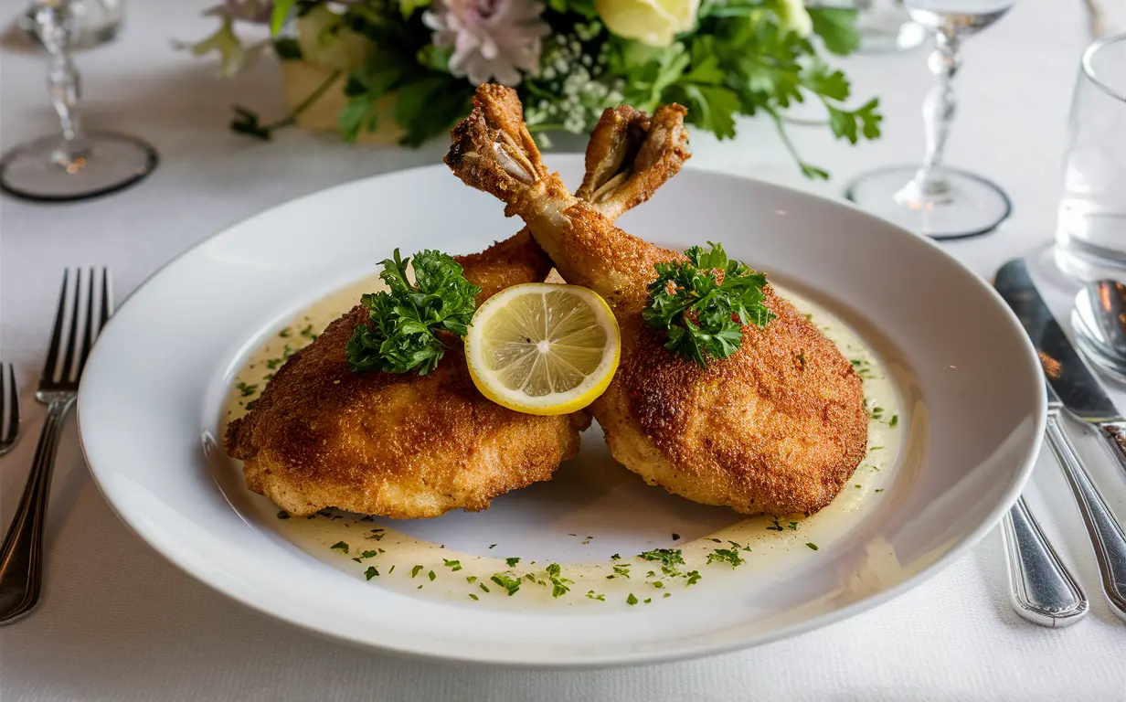 Crispy Italian chicken cutlets beautifully plated with lemon slices and parsley.