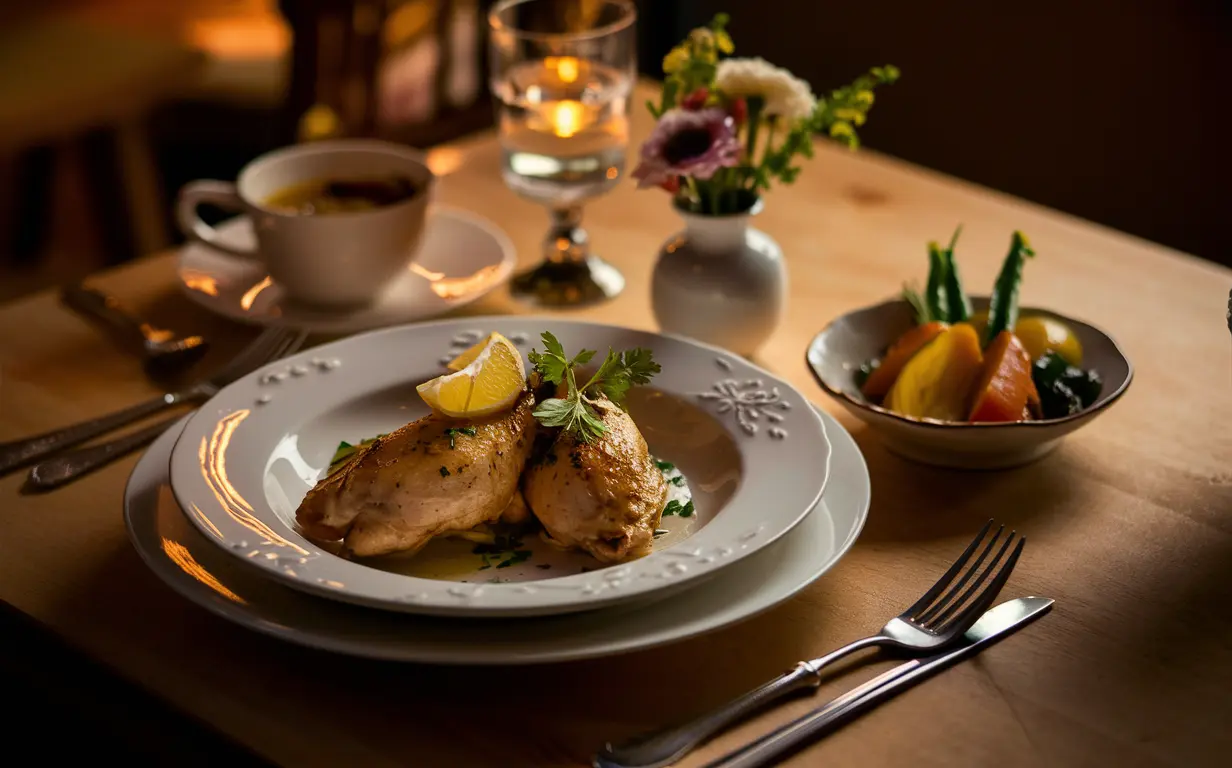 cozy dining setup featuring Chicken Limone served with steamed vegetables