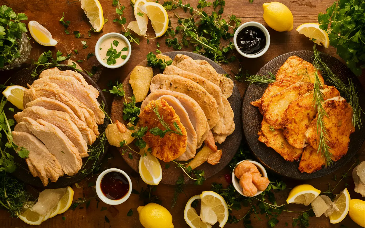 Variety of thin chicken cutlets with herbs and sauces on a wooden table