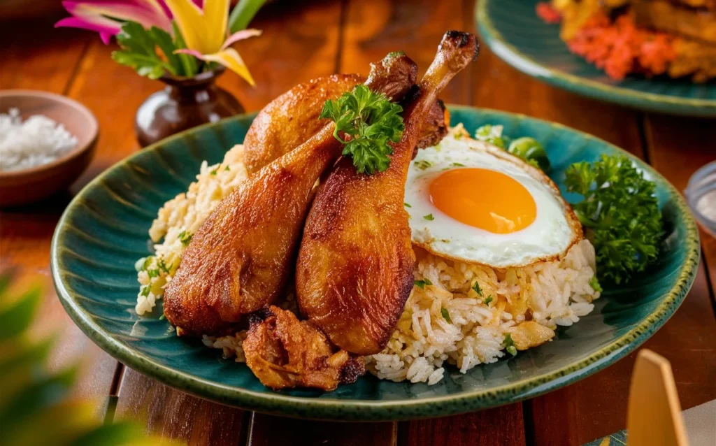 Delicious Filipino breakfast plate with chicken tocino, garlic fried rice, and sunny-side-up eggs on a wooden table.