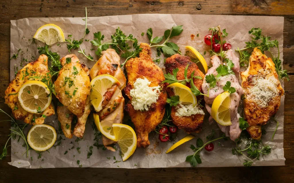 Assorted chicken cutlets styled with various garnishes on a wooden table