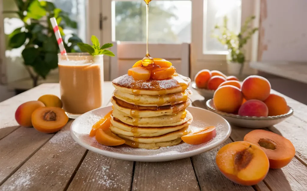 Fresh apricot breakfast platter with pancakes and smoothie on a wooden table