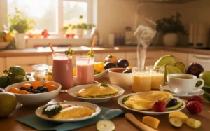 Assorted global bariatric breakfast options including pancakes, tofu scramble, and chia pudding