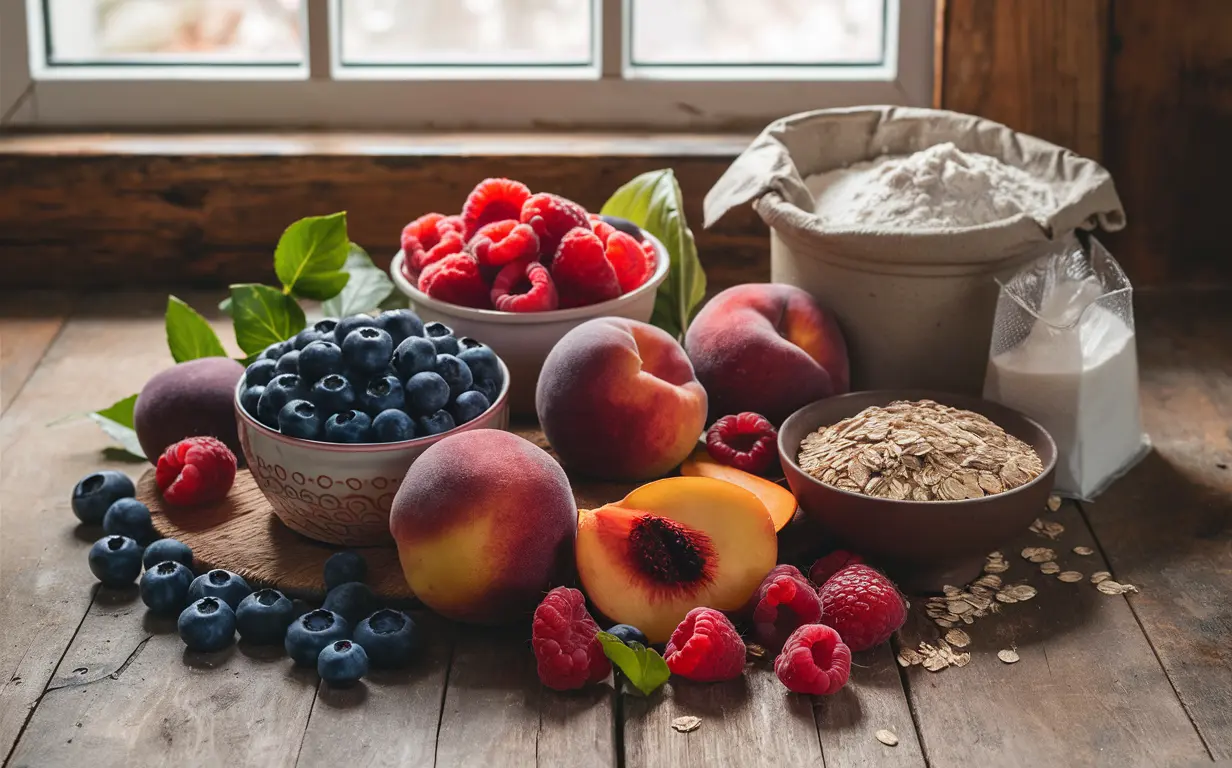 Assorted fresh fruits and baking ingredients laid out on a wooden table