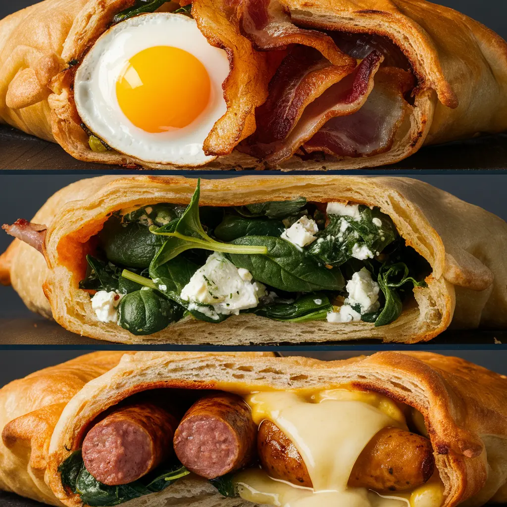 Different types of breakfast hot pockets with various fillings displayed