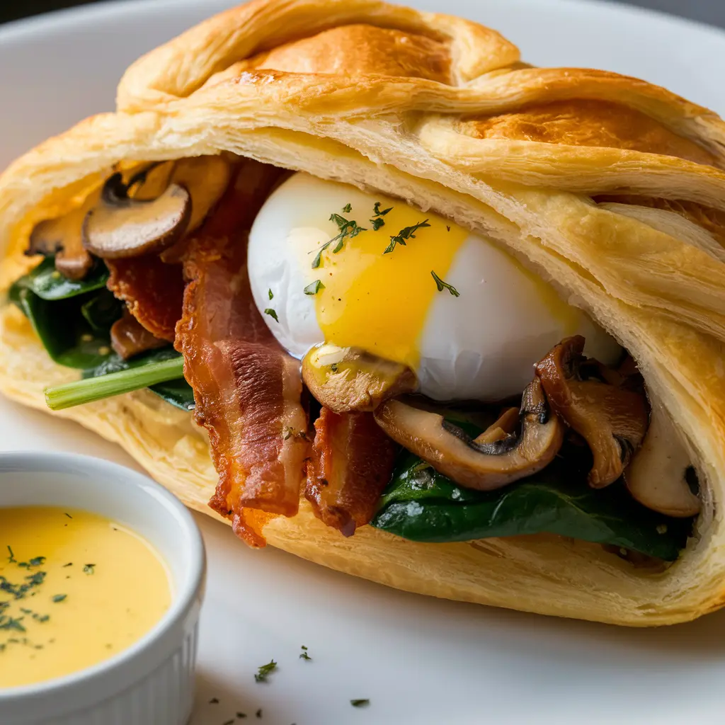 Golden brown baked Breakfast Wellington with slices showing the filling.