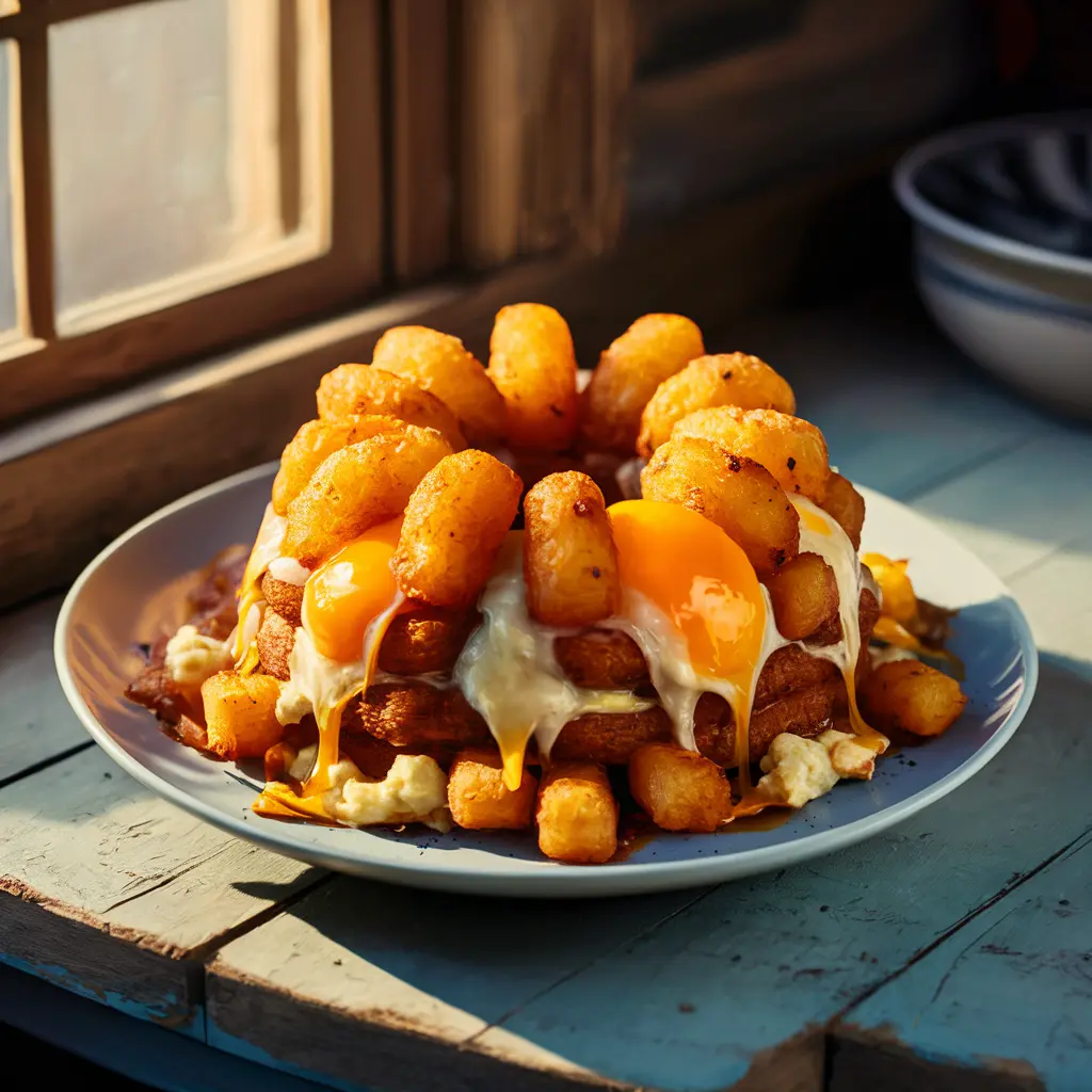 "Freshly baked bundt cake breakfast with tater tots on a wooden table.