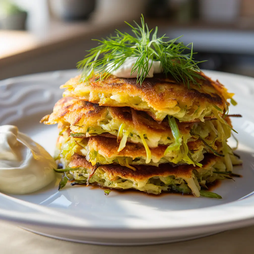 Crispy cabbage pancakes garnished with fresh dill and sour cream.