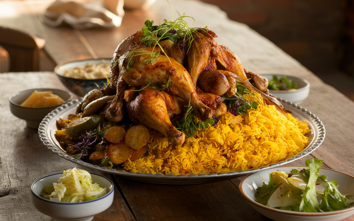 A rustic and homely platter of chicken and yellow rice with fresh herbs and side dishes on a wooden table.