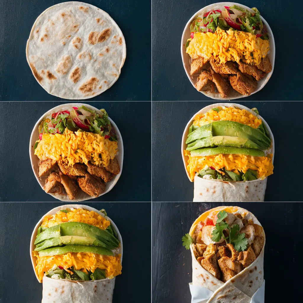 Collage showing the process of assembling a chicken breakfast burrito with tortilla, chicken, vegetables, eggs, cheese, and avocado