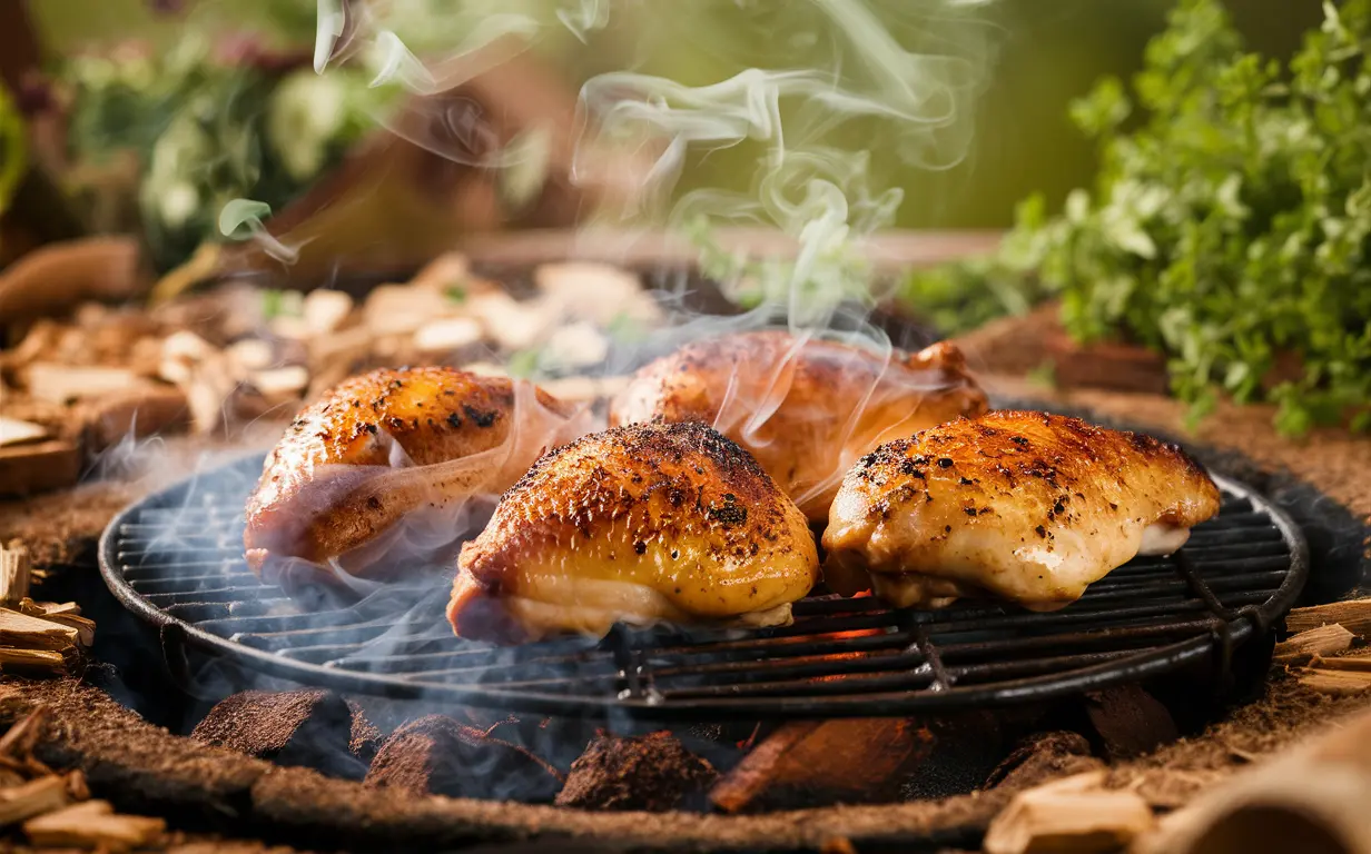 Smoking chicken breasts on an outdoor grill surrounded by herbs and wood chips