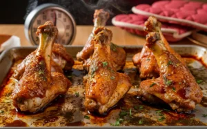 Collage of chicken wings with dipping sauces and garnishes