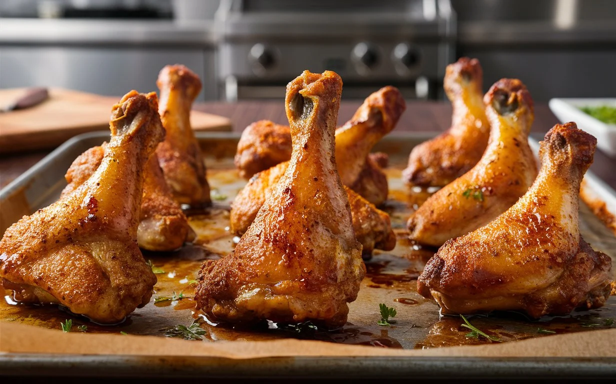 Close-up of seasoned chicken wings on a baking tray