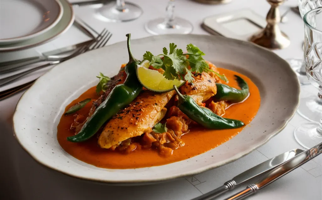 Plated chicken poblano garnished with cilantro and lime on a dining table