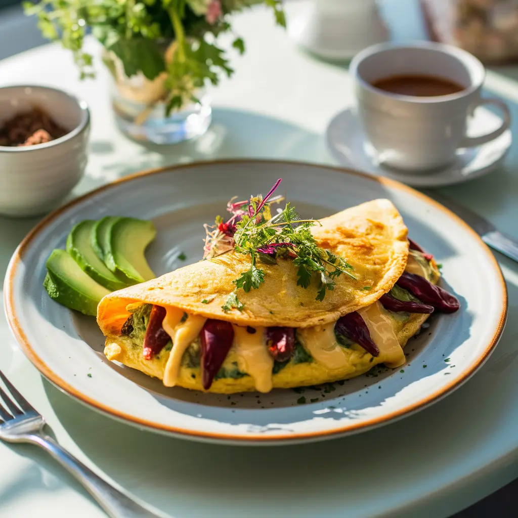 Fluffy Hatch chile and cheese omelette garnished with fresh herbs and served with avocado on the side.