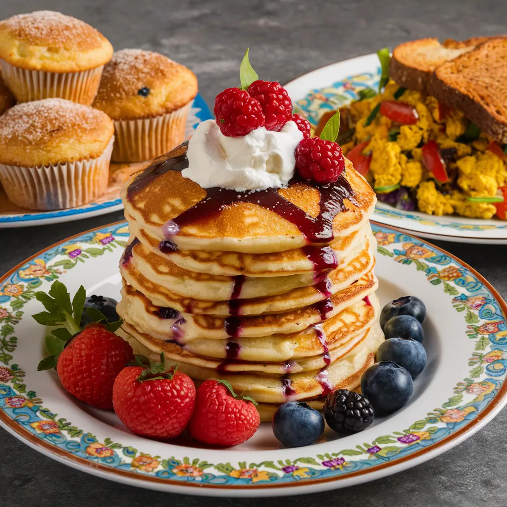 Assorted kosher breakfast options including pancakes, muffins, and tofu scramble