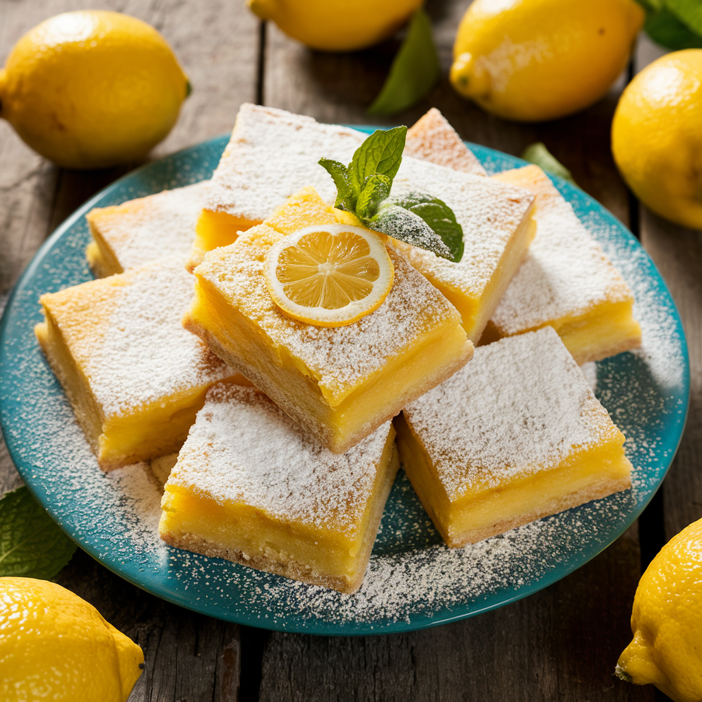 A plate of quick lemon bars topped with powdered sugar, surrounded by fresh lemons and a sprig of mint.