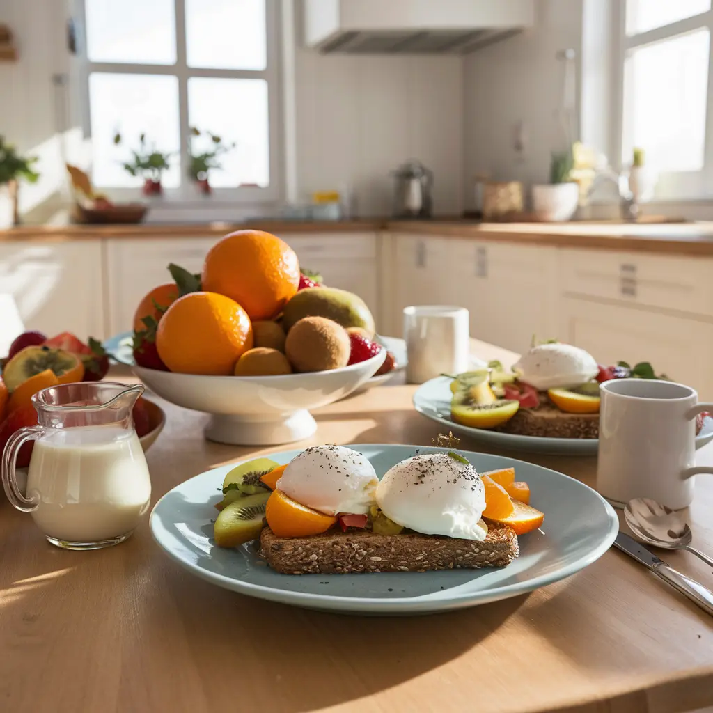 Healthy breakfast table with leptin diet foods including fruits, eggs, and whole grains in a sunny kitchen setting