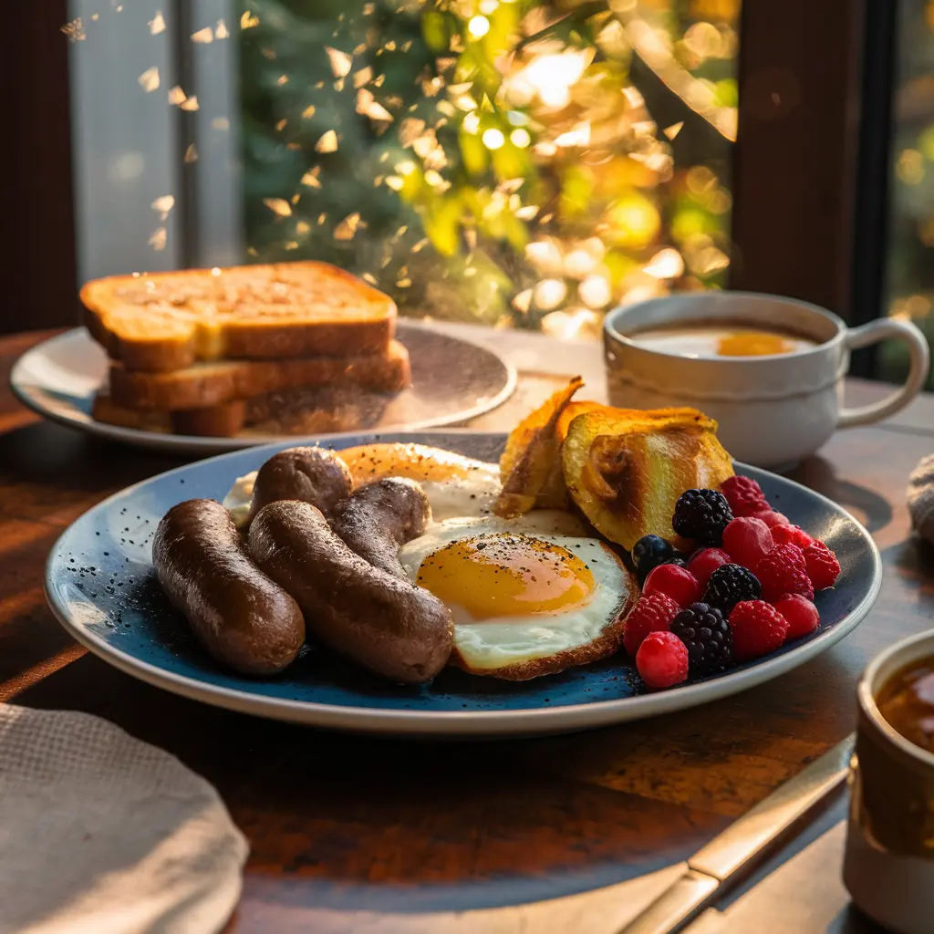 Hearty breakfast of maple venison sausages, eggs, toast, and berries in morning sunlight.