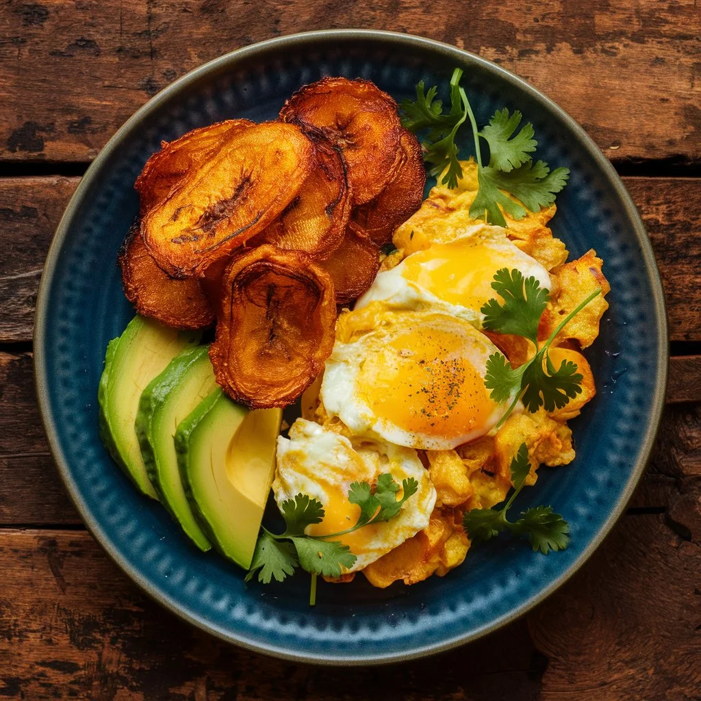 Plated Panamanian breakfast with fried plantains, scrambled eggs, and avocado slices.