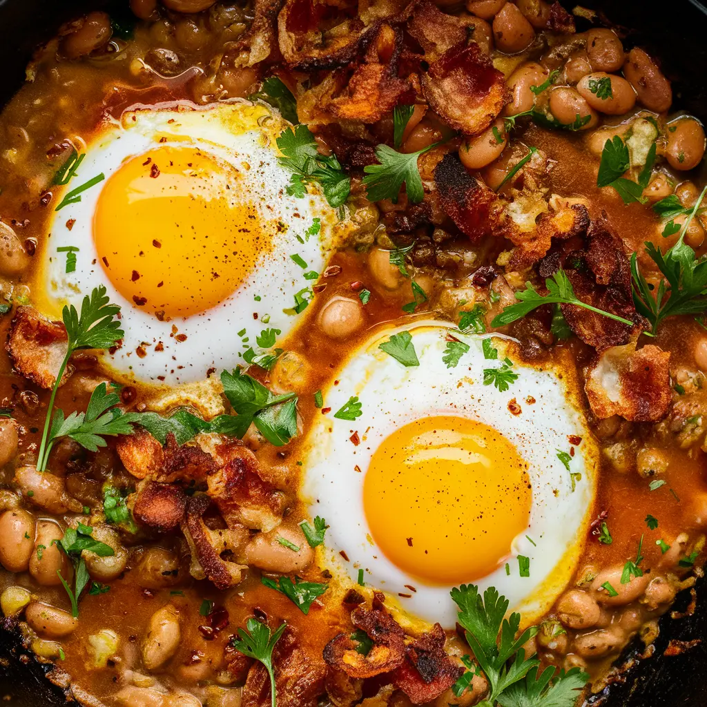 Skillet with spicy eggs, smashed beans, and crispy pancetta.