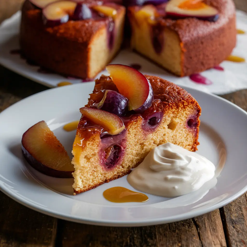 Slice of plum and honey breakfast cake garnished with fresh plums and Greek yogurt.