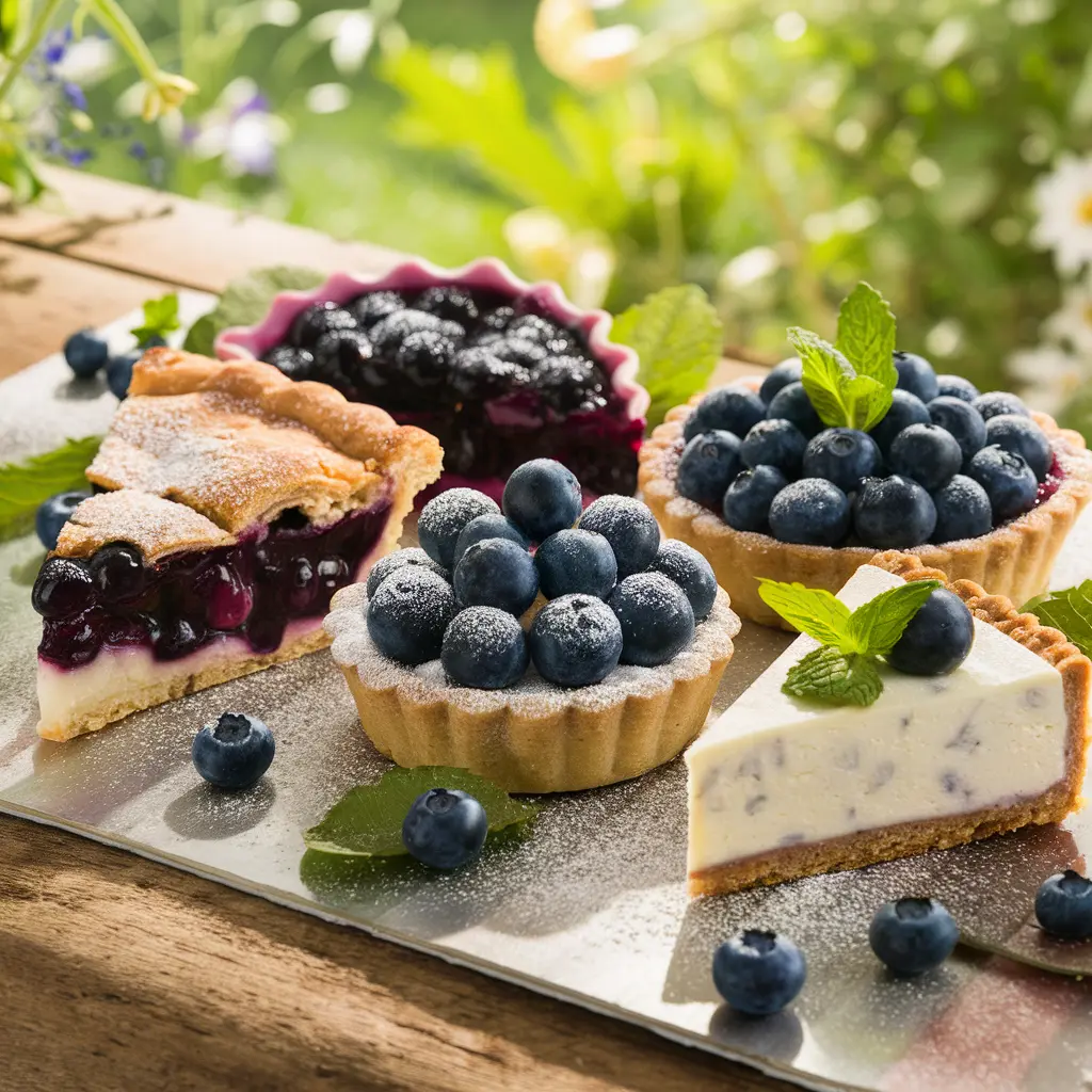 Assortment of blueberry desserts on a wooden table.