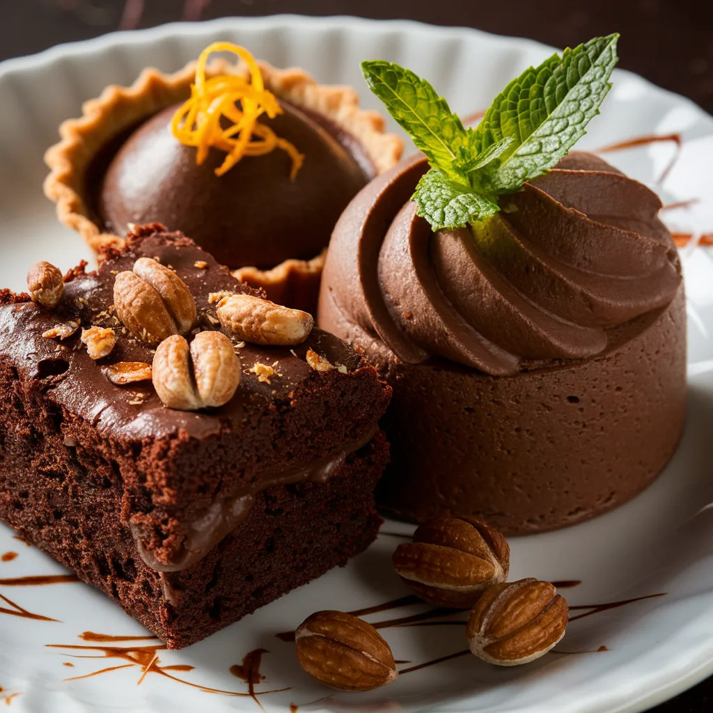 Variations of quick chocolate desserts including brownies with nuts, chocolate mousse with mint, and a chocolate tart with orange zest