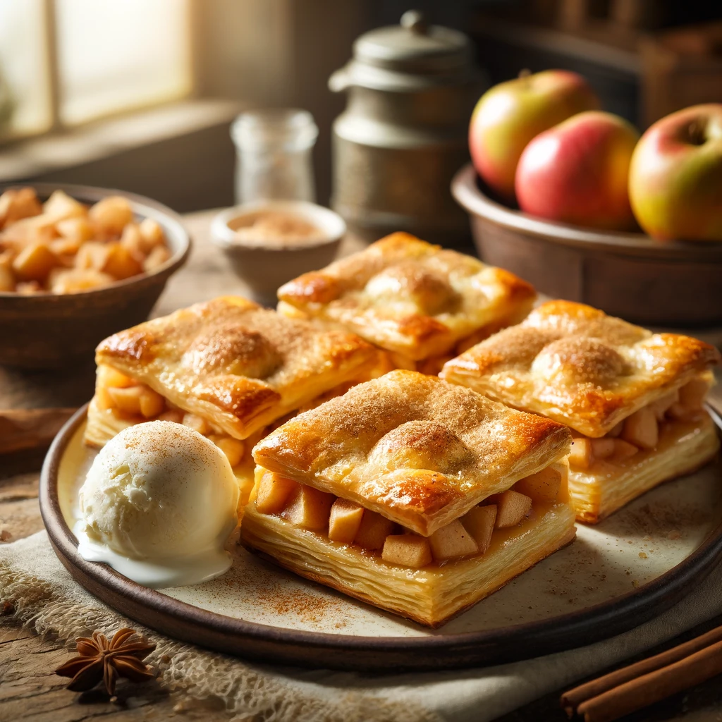 Freshly baked apple pie dessert with puff pastry squares filled with apple pie filling, served with vanilla ice cream on a rustic wooden table.