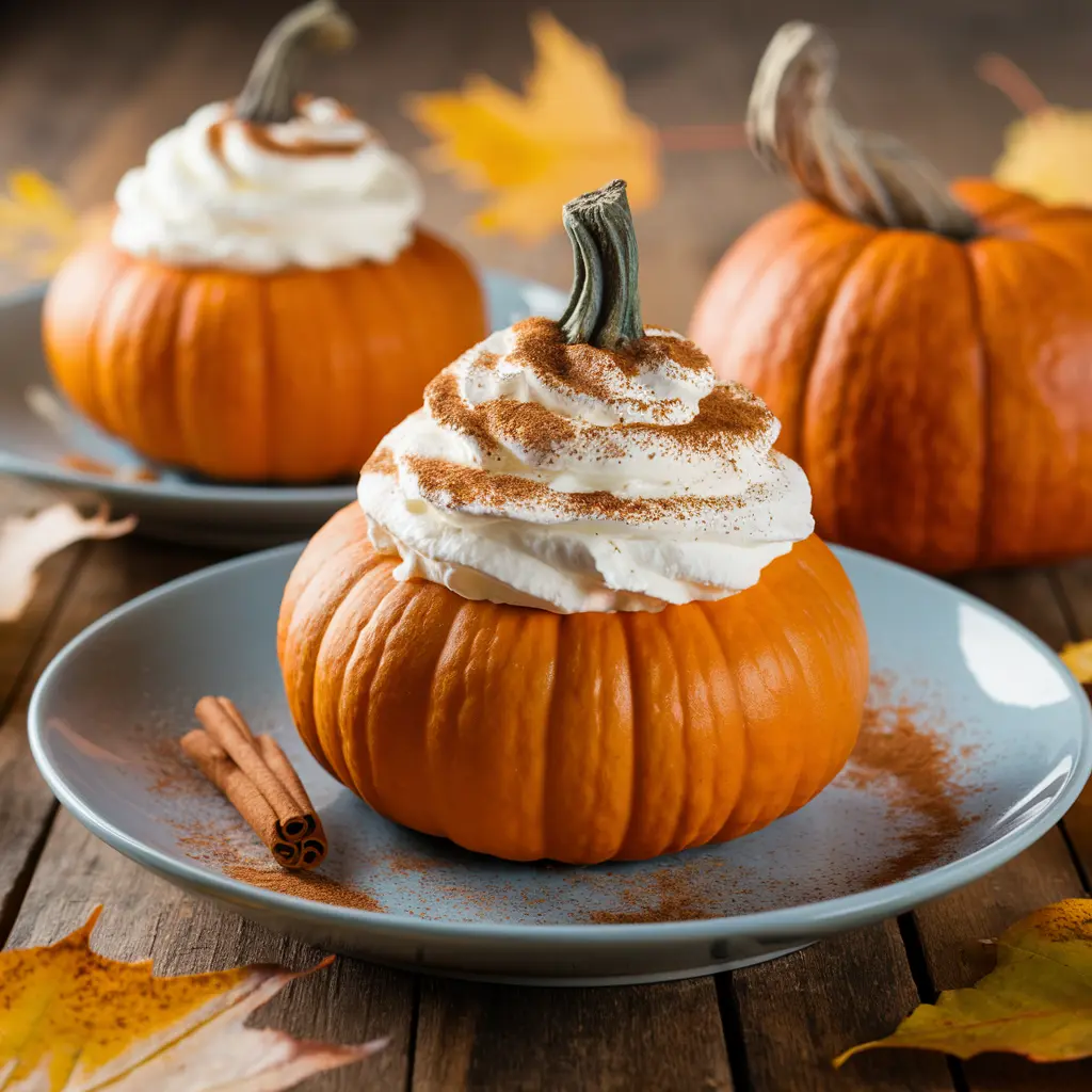 Quick pumpkin dessert with whipped cream on a rustic table