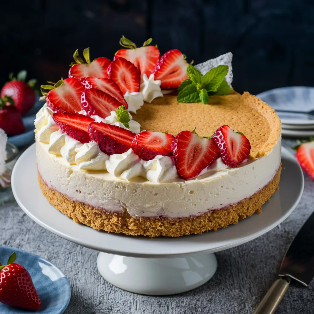 No-Bake Strawberry Cheesecake topped with fresh strawberries