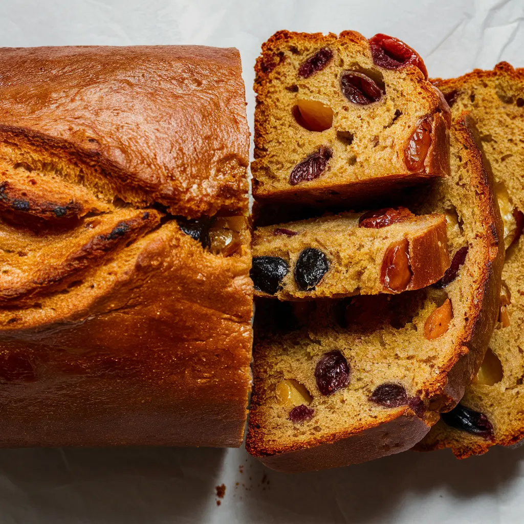 Sliced loaf of Publix breakfast bread with a golden brown crust and fruit and nut-filled interior