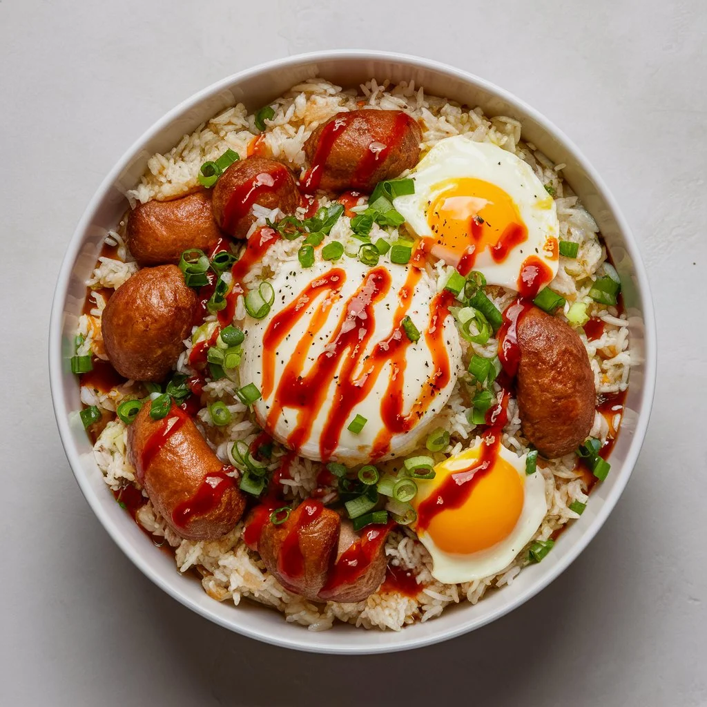 Bowl of Shoney's Breakfast Rice with sausage, eggs, and rice, topped with green onions and hot sauce.