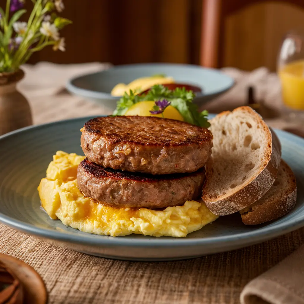 Plated wild hog breakfast sausage with scrambled eggs and rustic bread on an elegantly set dining table."