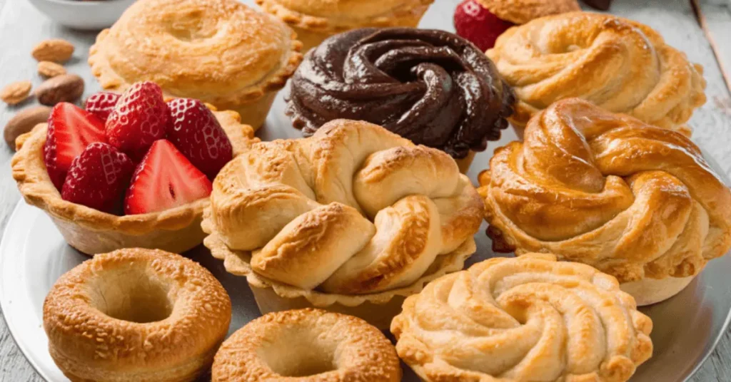 Assorted quick puff pastry desserts including fruit tarts and chocolate twists