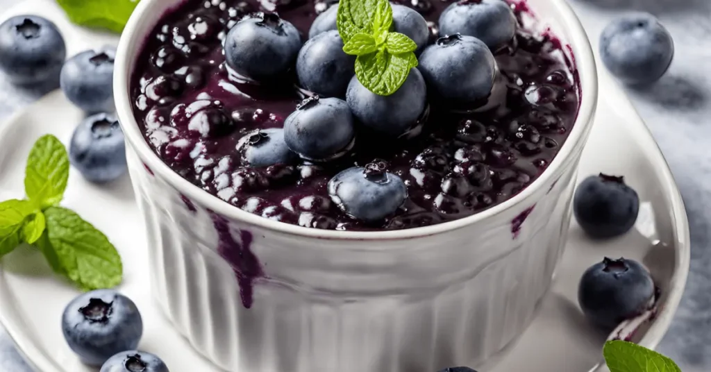 A quick and easy blueberry dessert served in a white dish, garnished with fresh blueberries and a sprig of mint.