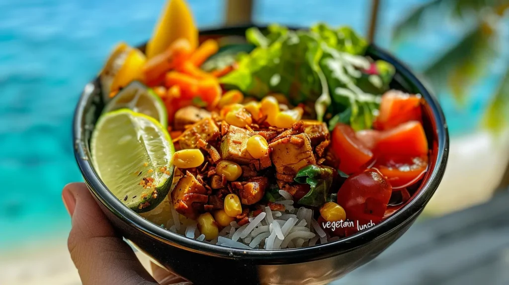 delicious vegetarian lunch bowl held by hand with a resort island background.