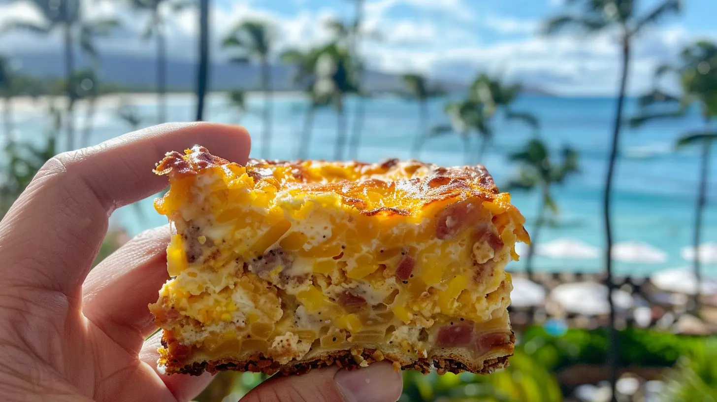 Closeup of a delicious Kraft breakfast casserole held by hand with a resort island background.