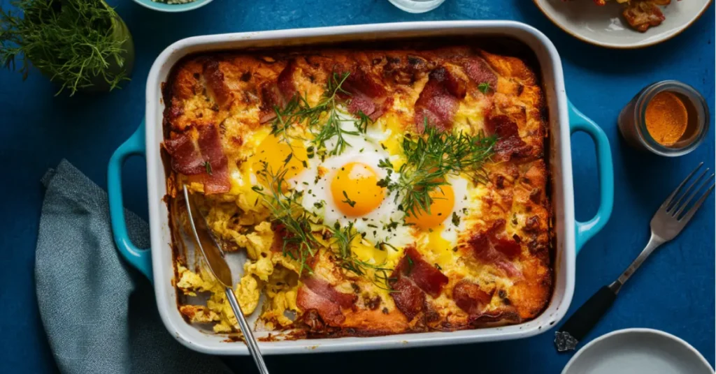 Canadian bacon breakfast casserole served in a baking dish with fresh herbs