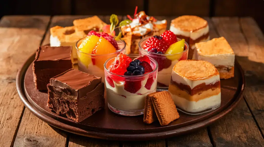 Assorted quick desserts made with condensed milk on a rustic table